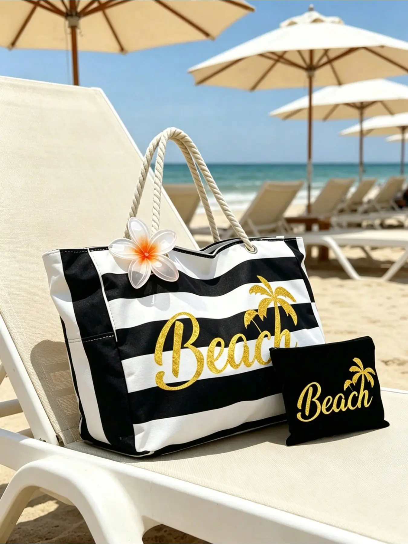 Large Capacity Beach Bag with Umbrella Print, Foldable Canvas Shoulder Bag, Waterproof Sandproof Travel Bag, Ideal for Summer Essentials