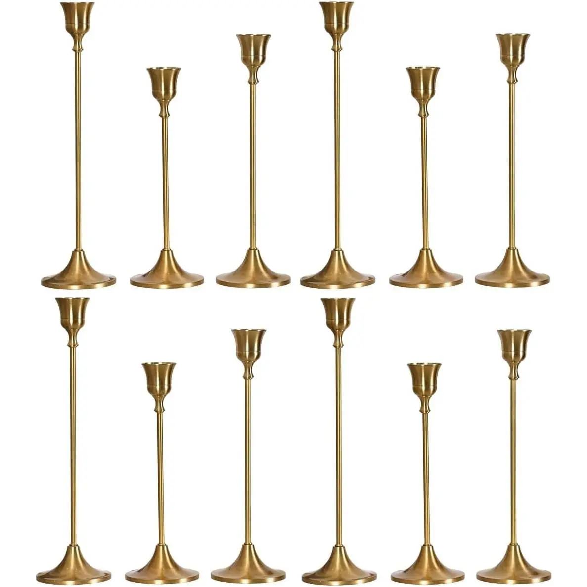 Brass Gold Rustproof Taper Candlestick Holders for Holiday Party Table Centerpiece Wedding Fireplace Mantel Housewarming Gift 4 Sets (12 Pcs)