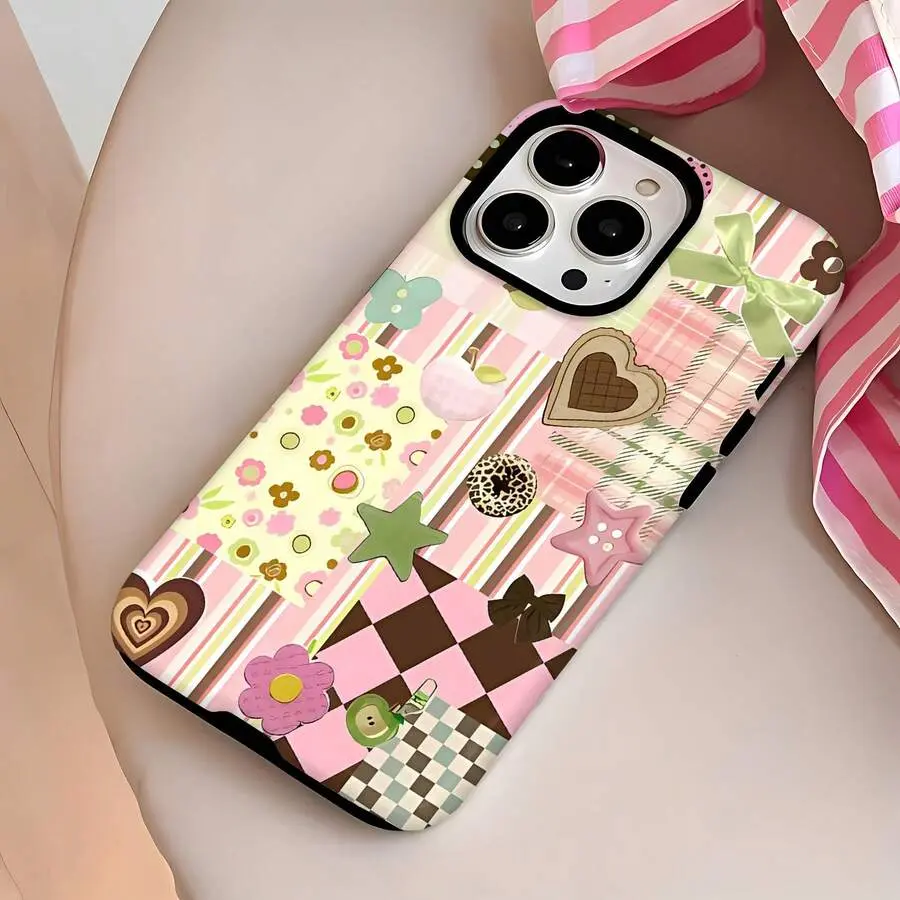 Coquette Patchwork Sticker Collage Phone Case Shockproof Protective Cover For iPhone 11 12 13 14 15 16 17 Pro Max Pink Plaid Heart Star Bow Cute Aesthetic Hard Shell