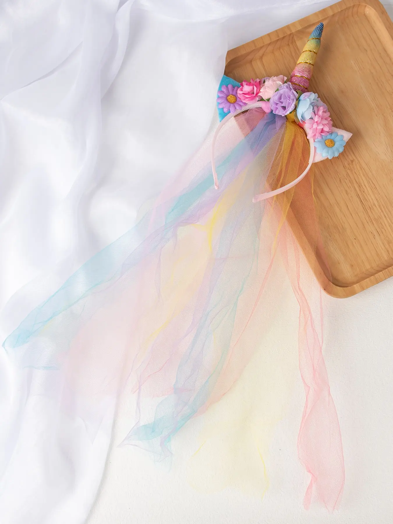 1pcs Rainbow Unicorn Hairband, Princess Veil, Flower Decoration, Multicolor Headpiece, Girl Festival Party Accessory, Cute Hairband