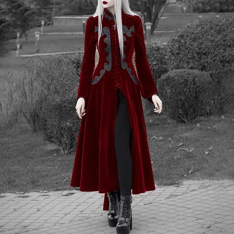 2025 New Vintage Women Long Sleeve Velvet Tailcoat Jacket Gothic Dress Autumn Vampire Trench Outerwear Medieval Cosplay Costume
