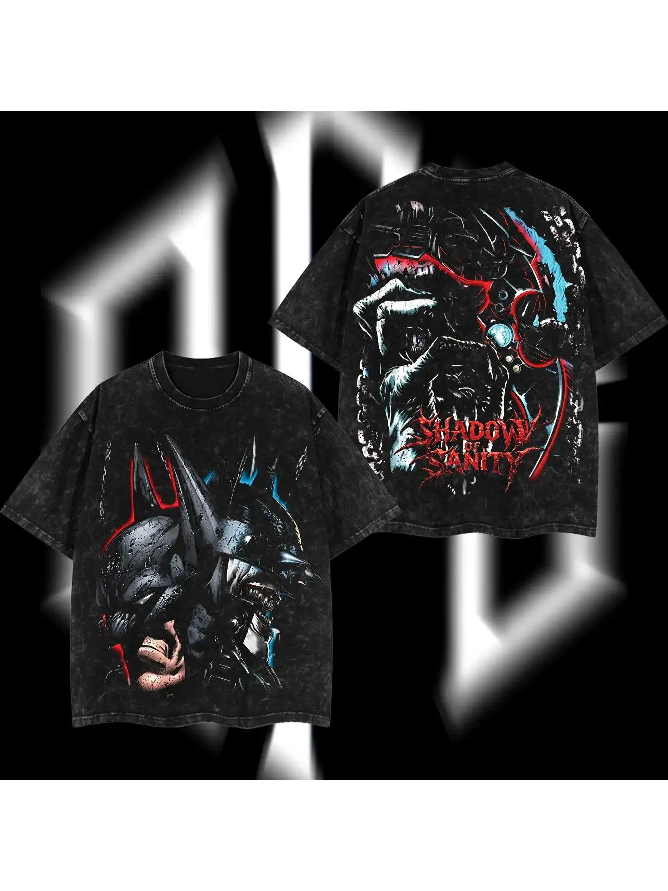 Shadow of Sanity Dark Warrior Double-Sided Graphic T-Shirt Vintage Washed Black Oversized Anime Tee, Perfect Gift Cool Shirts,Graphic Washed Oversized Tees for Men & Women,Summer Round Neck Short Sleeve ,Sports Shirt,Workout T-shirt