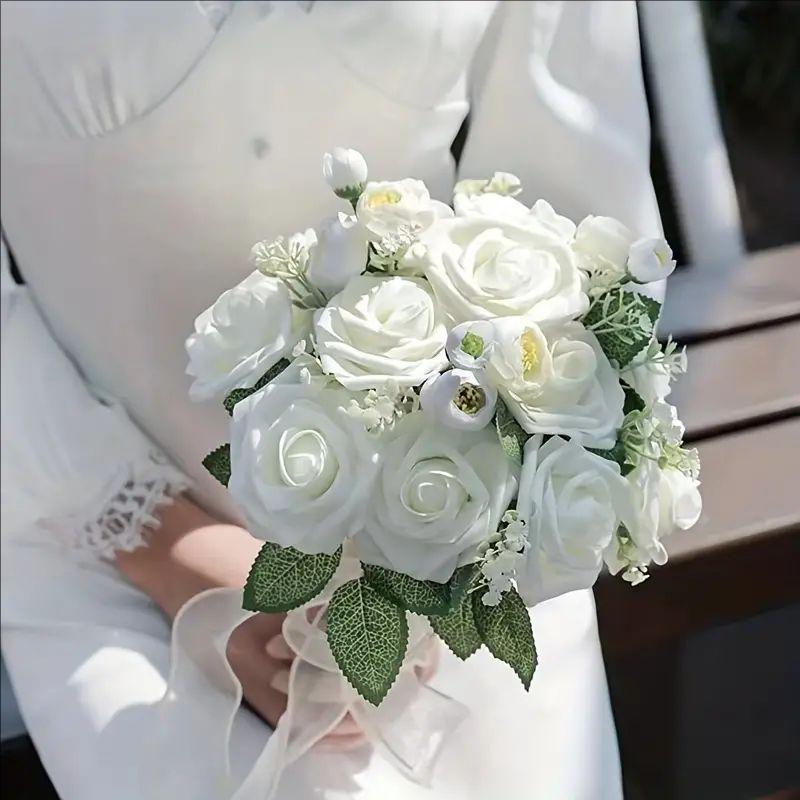 25pcs/Lot High-Grade White PE Rose Artificial Flower Head With Stem DIY Bouquet Wedding Party Decoration Scrapbook Supplies