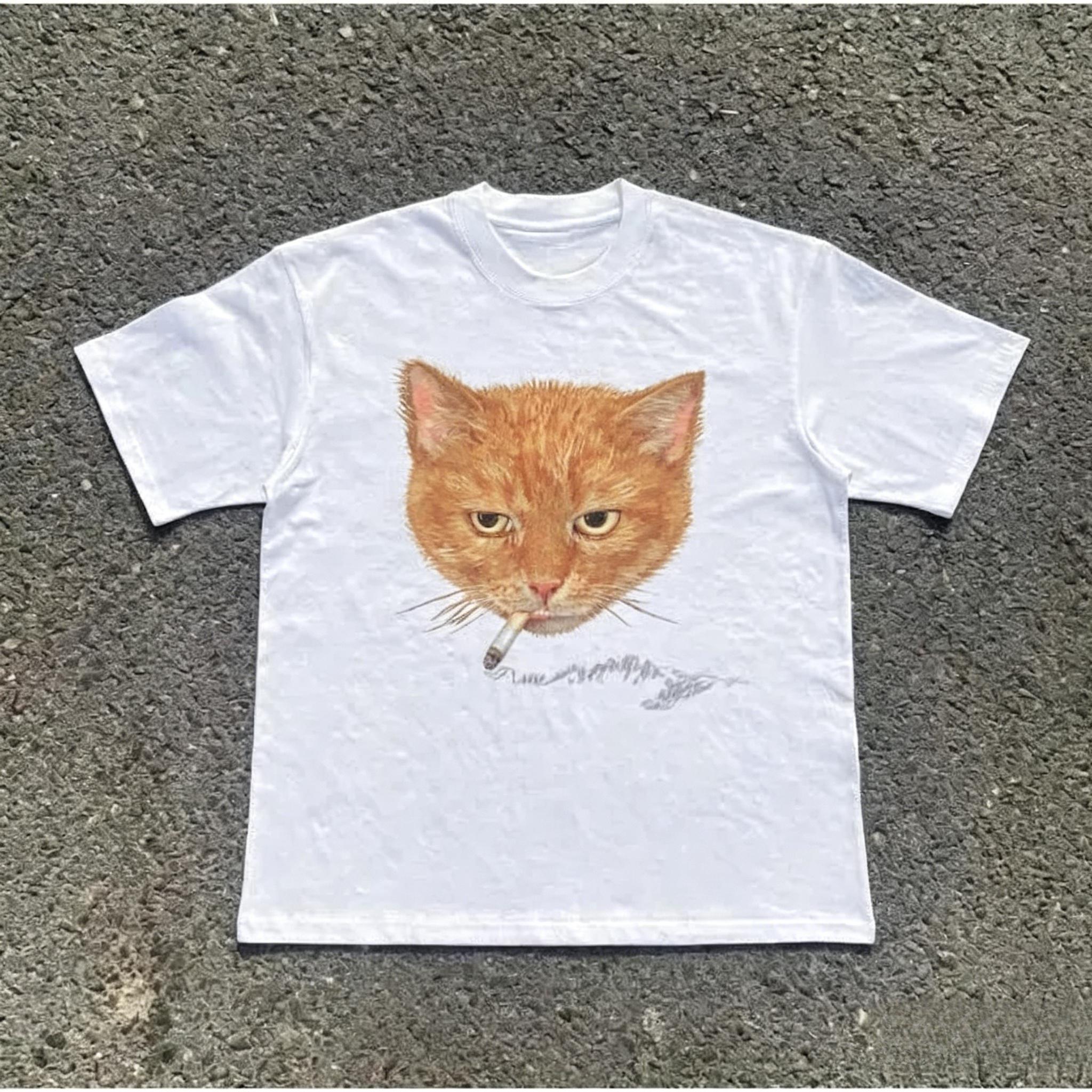 Smocking Cat T-Shirt, Unisex Vintage Graphic Tees Gothic Grunge Emo Scene Amity Affliction Style Clothes Men Women Streetwear Pattern Retro tshirts Rifle In Utero clothing Tour