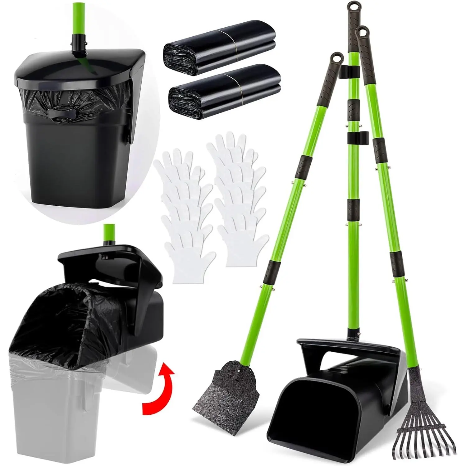 38" Adjustable Metal Dog Poop Scooper Swivel Bin Rake Spade with 50 Poop Bags, Waste Cleaner for Small, Medium, and Large Dogs Yard
