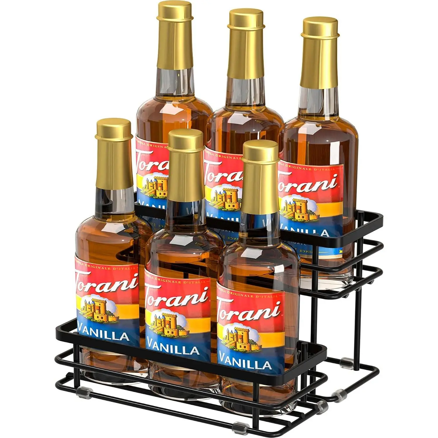 Coffee Syrup Rack Organizer, Syrup Bottle Holder Stand for Coffee Bar, 2-Tier 6 Bottles Storage Shelves for Syrup, , Dressing for Kitchen Countertop (6 Bottles Black)