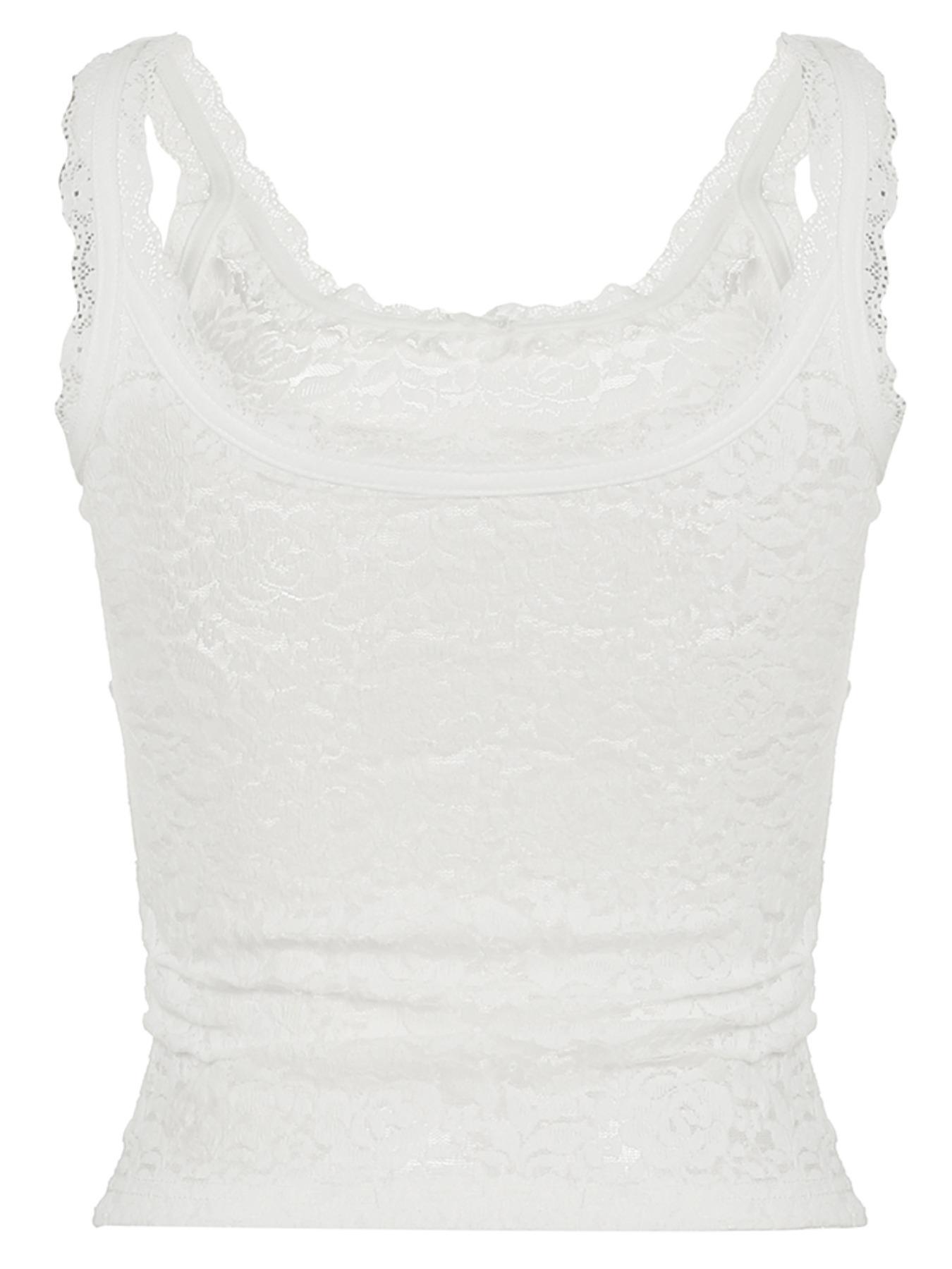 Women's Plain Floral Lace Bow Decor Crop Tank Top, Casual Fitted Sleeveless Sheer Top for Spring, Fashion Women's Top for Daily Wear