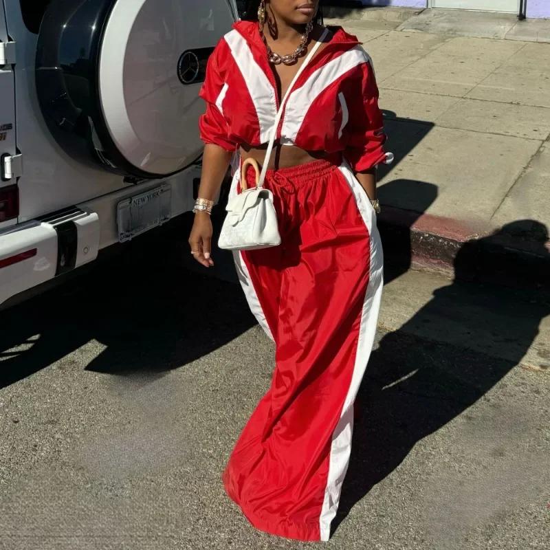 two-piece set woman Color Patchwork Women Tracksuits Matching 2 Piece Sets Zipper Long Sleeve Jackets Crop Top + Wide Leg Pants Fashion Streetwear