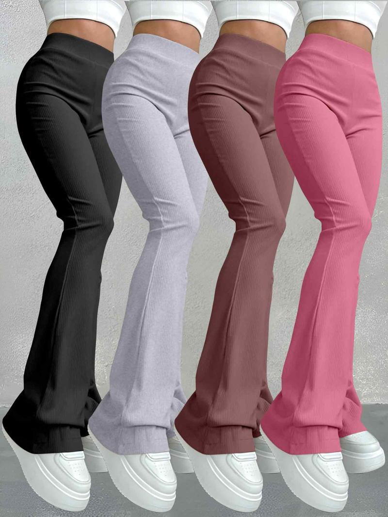 Women's Solid Ribbed Flare Leg Leggings, Casual Comfy High Stretch Bell Bottom Trousers for Yoga Gym Workout, Ladies Bottoms for All Seasons
