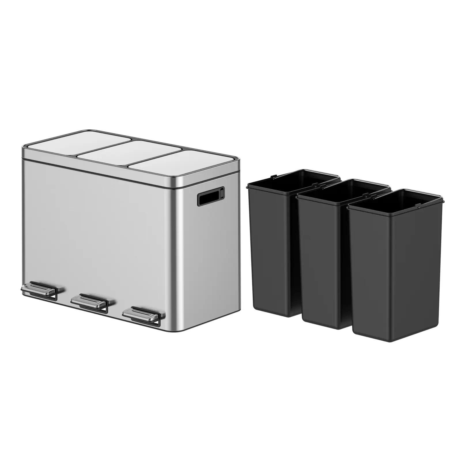 GARVEE Stainless steel trash cans, 3 units, 45L capacity (15L each), foot-operated, with lids, quiet closure, stylish design for the kitchen, suitable for waste sorting and recycling, fingerprint resistant, removable inner bins.