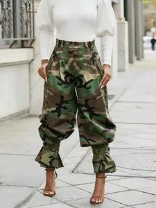 Women's High-Waisted Pleated Wide-Leg Pants, Casual Streetwear Pants, Loose Camouflage Print, Adjustable Buckle, Casual Spring & Fall Fashion
