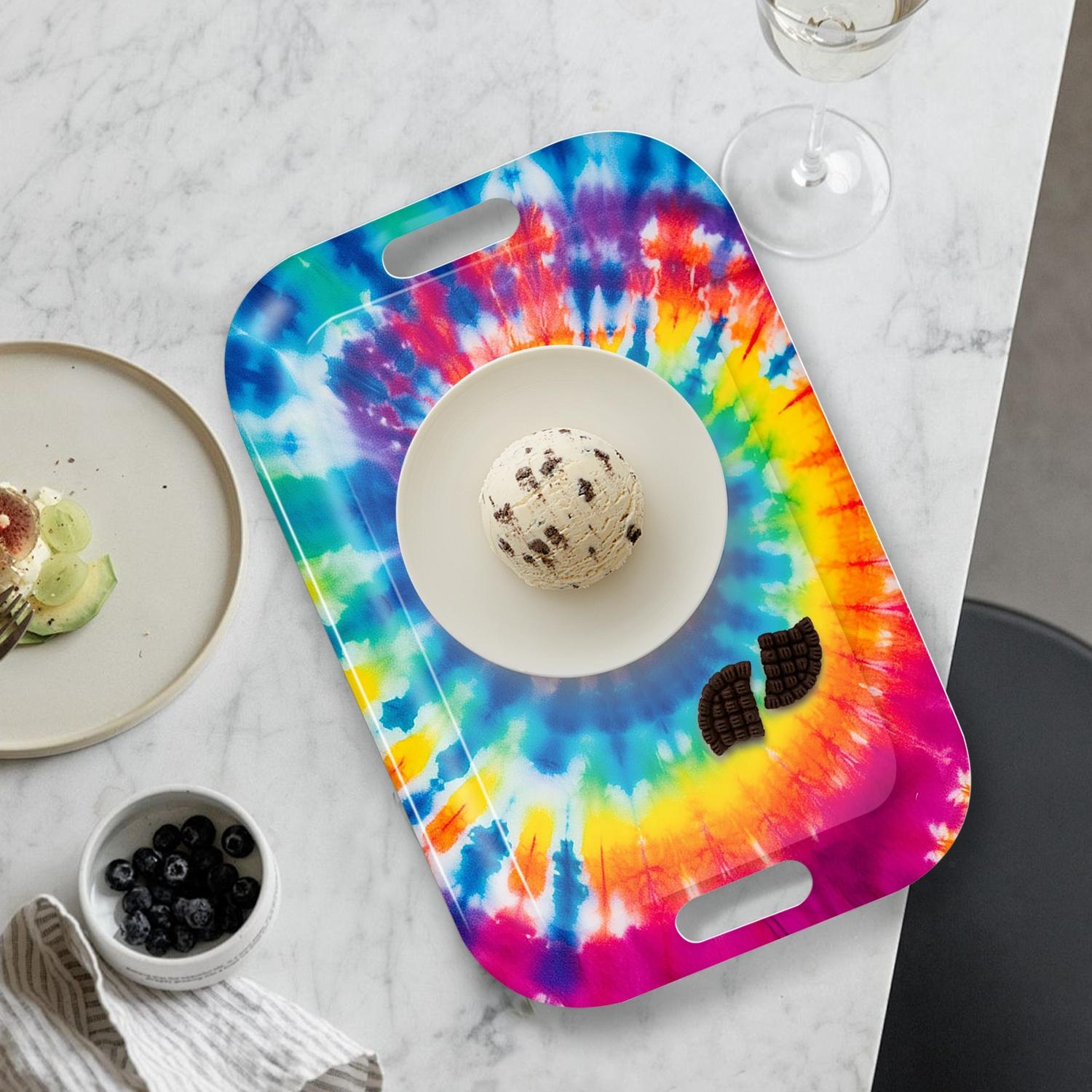 Lightweight & Sturdy Rectangular Serving Tray with Handle - Easy-Clean Melamine Tray, Pastel Tie-Dye Spiral Patterns in Pink, Blue, Green, Yellow, Orange, Purple, Red, Black, White, Gray - for Parties, Home, Office, Restaurants - Modern Decorative Tray,