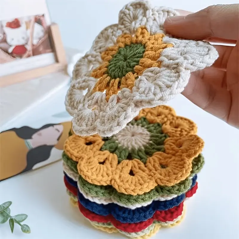 3 Piece Handmade Crochet Cup Mats, Vibrant Floral Design, Heat Insulating Fabric Pads, Table Protection, Kitchen Decor, Small Cup Mats