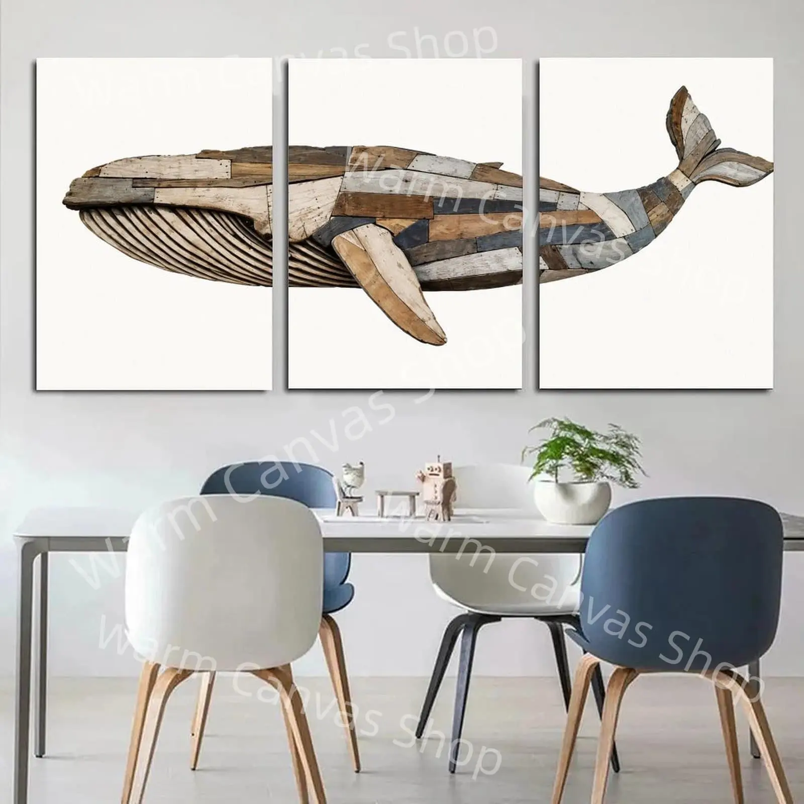 Rustic Patchwork Whale Triptych Canvas Poster, Coastal Ocean Wall Art, Neutral Nautical Aesthetic Poster, Bedroom Wall Art, Living Room Decor, Office Wall Art, Modern Minimalist Beach House Decor