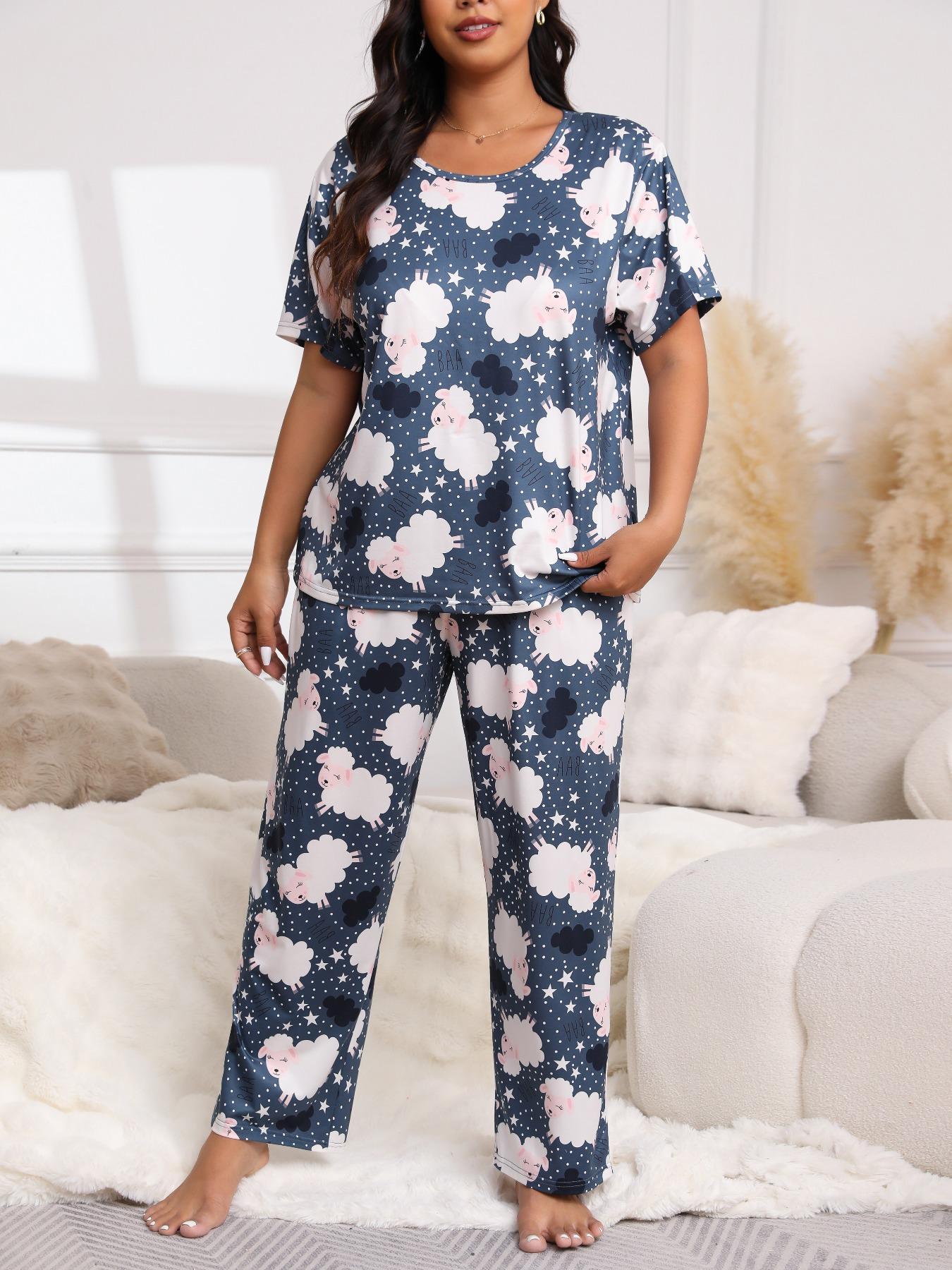 Plus Size Two-Piece Set Cartoon Dinosaur Print Tee & Elastic Pants & Eye Mask Pyjama Set, Casual Short Sleeve T-shirt & Trousers & Eye Cover, Women's Summer Sleepwear