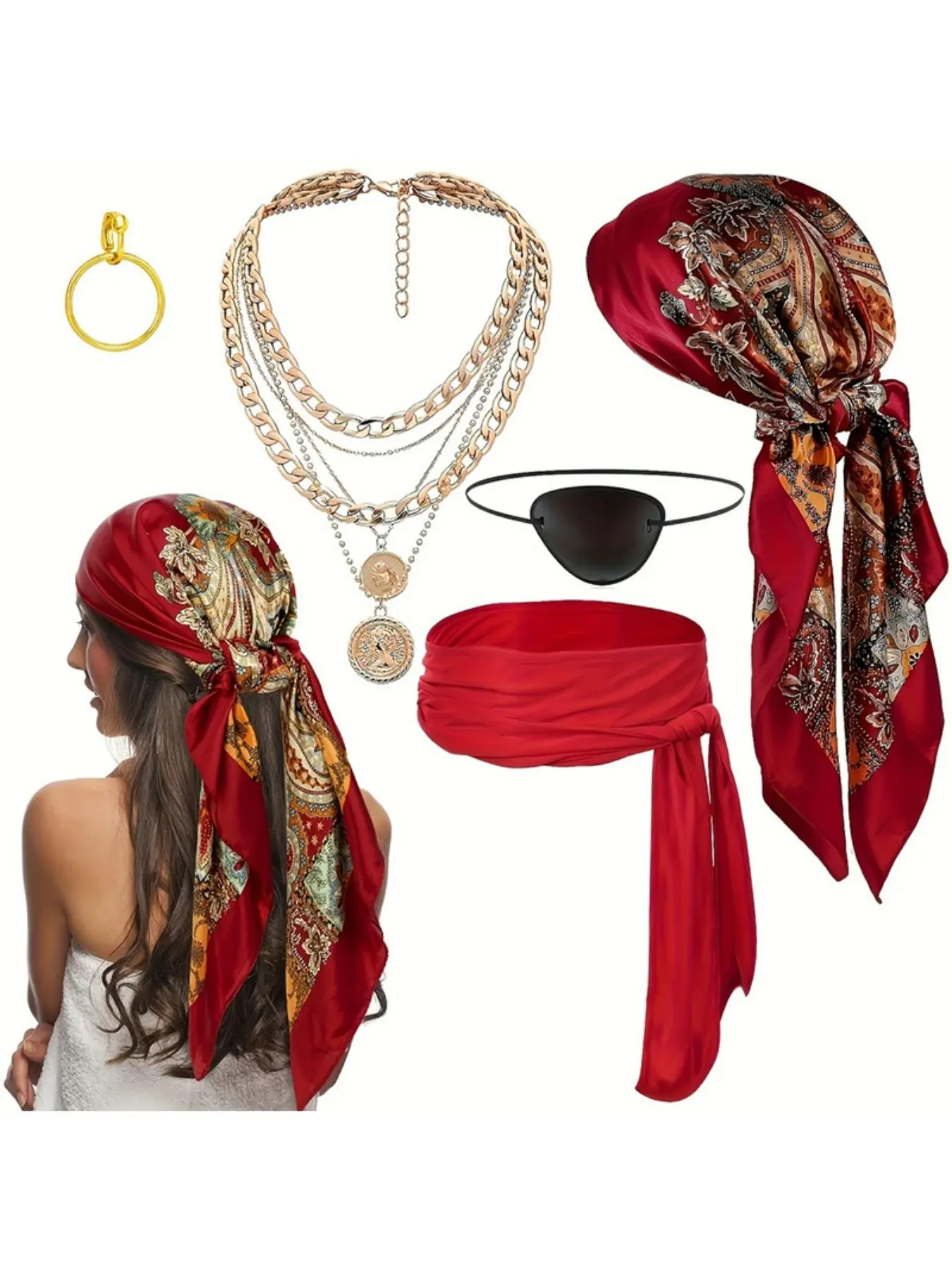 Halloween Party Cosplay Pirate Costume Accessories Set, Headband, Belt, Necklace, Bracelet, Perfect for Halloween Dance Parties