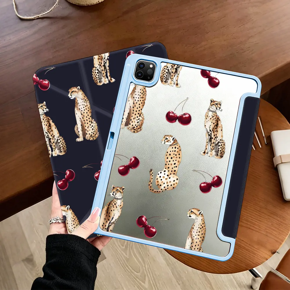 Yshaped Cheetah And Cherry Tablet Protective Case，Elegant Wild Aesthetic Style，Compatible With Apple ipad 10th generation/IPAD Pro 13 2024/pro 12.9 2022/pro 11 2022/IPAD Air1/2/3/4/5/6th， With Pencil holder，Sleep/Wake Support，Premium Birthday Gift Idea
