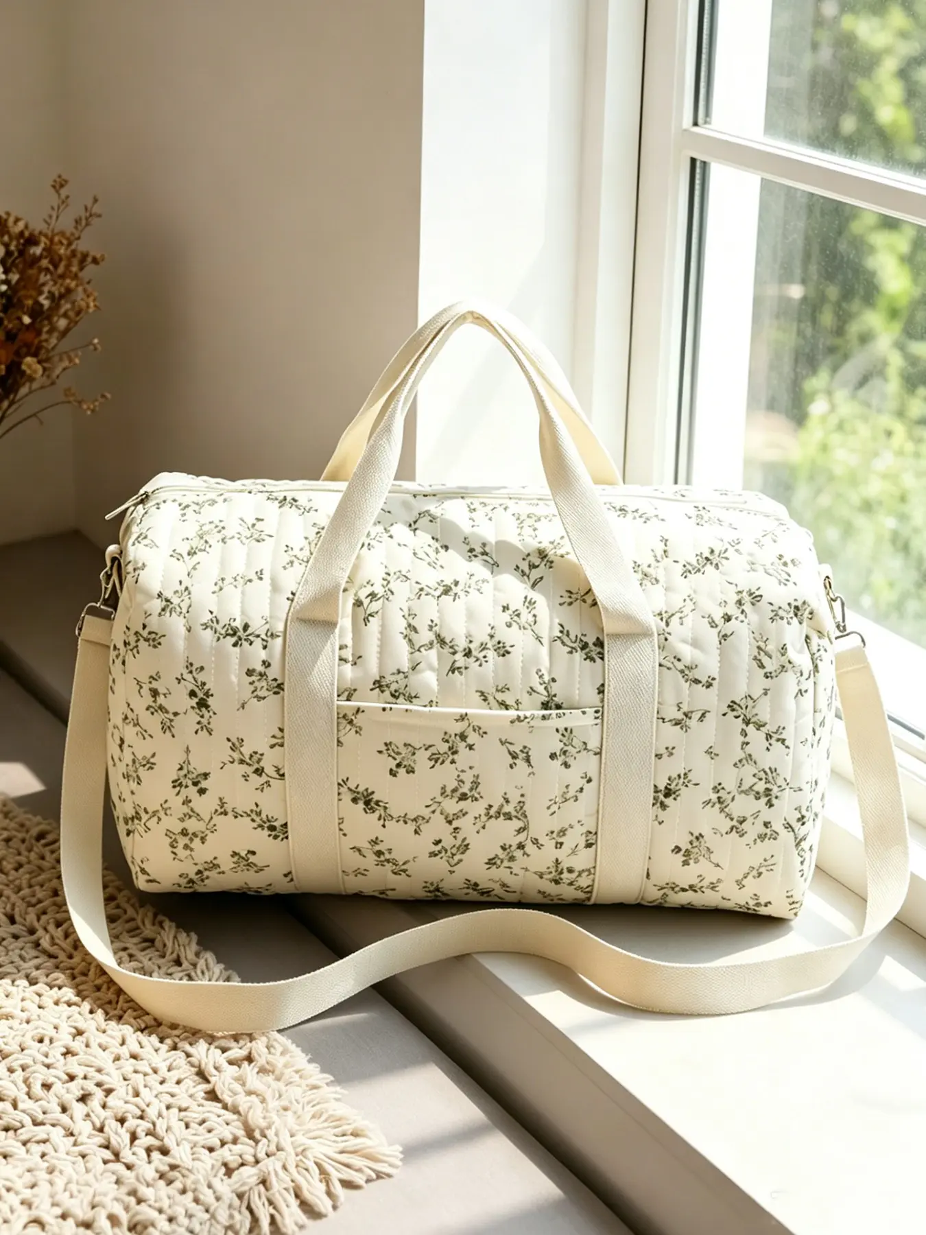 Green Floral Quilted Duffle Travel Bag, Large Capacity Weekend Overnight Bag with Top Handles & Detachable Shoulder Strap for Women