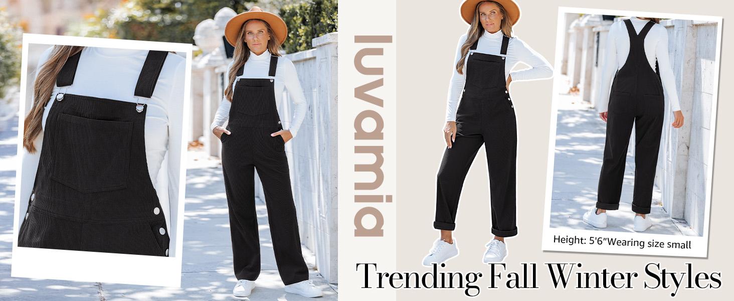 Luvamia Corduroy Overalls for Women Loose Fit Baggy Straight Casual Adjustable Straps Bib Jumpsuit with Pockets Basic Womenswear Soft Stretchy Fabric