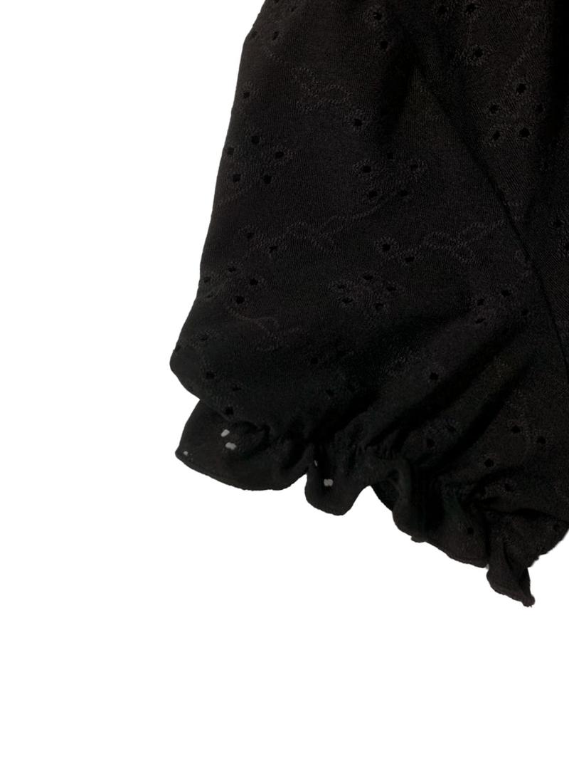 Women's Plain Eyelet Embroidery Scallop Trim Puff Sleeve Tee, Casual Frill Trim V Neck Short Sleeve T-shirt for Summer, Ladies Clothes for Daily Wear