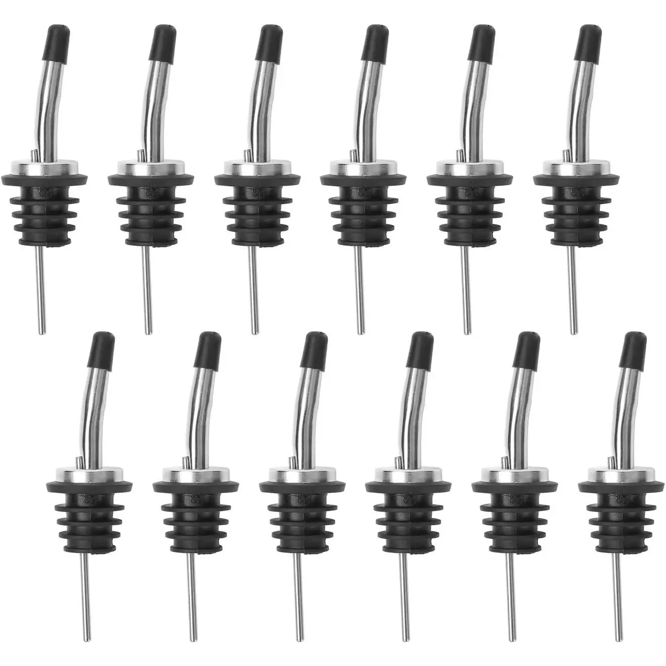 12 Pack Stainless Steel Liquor Pour Spouts, Classic Tapered Bottle Pourers with Rubber Dust Caps for Alcohol, Olive Oil, Bar Bartender Accessories