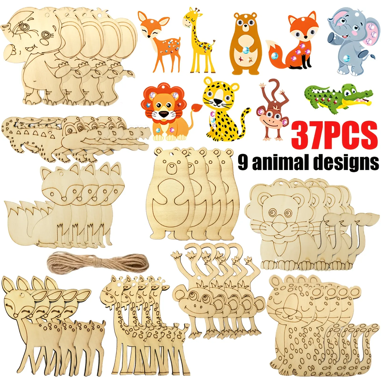 Animal Wooden Crafts, Woodworking Kit, Pendants, 9 Animal Themes - Includes 36 Unfinished Wood Pieces, 1 Jute Rope (393.7 inch), Kids Craft, Spring Woodworking