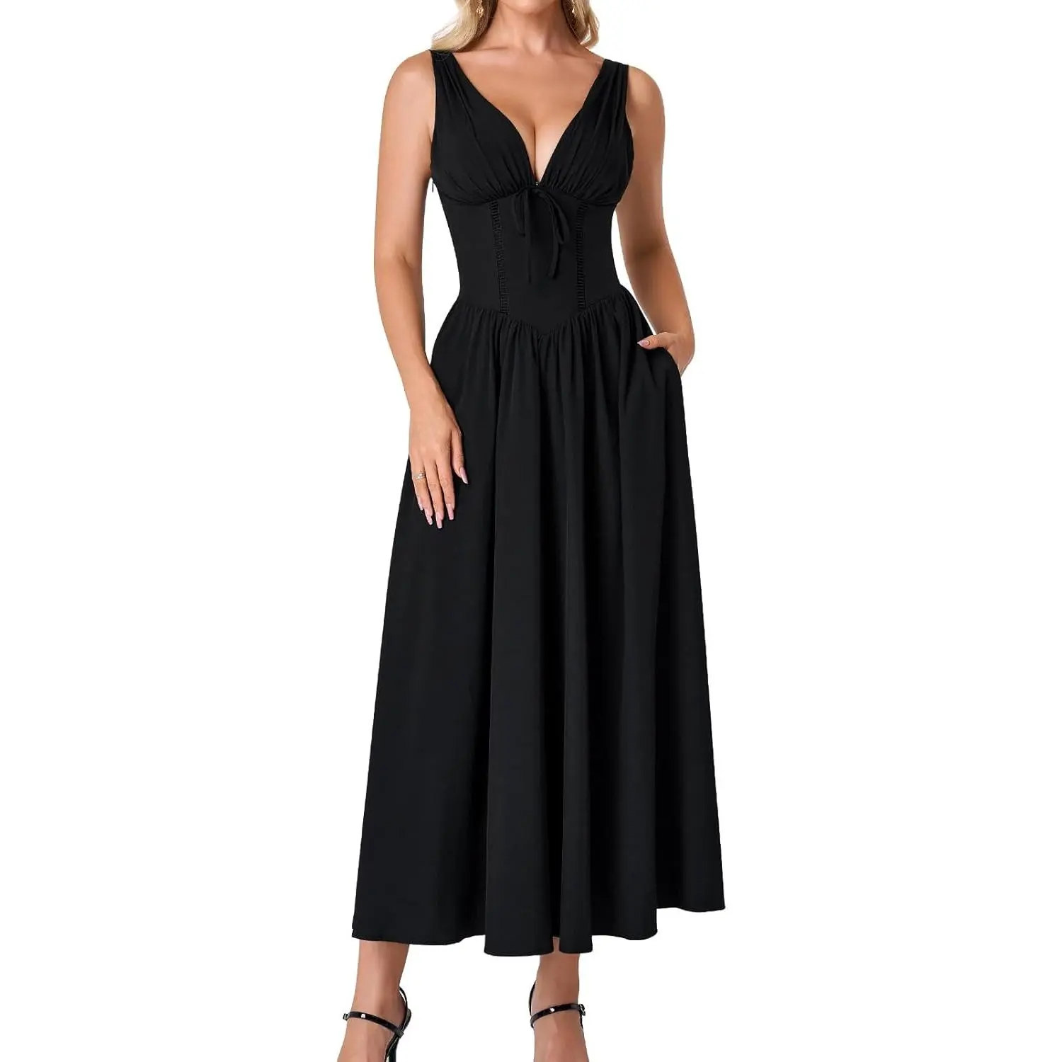 GLNEGE Women's V-Neck A-Line Milkmaid Corset Dress - 2026 Summer Floral Tea Party Wedding Guest Midi Dress with Bare Arms, Back Buttons, Pockets