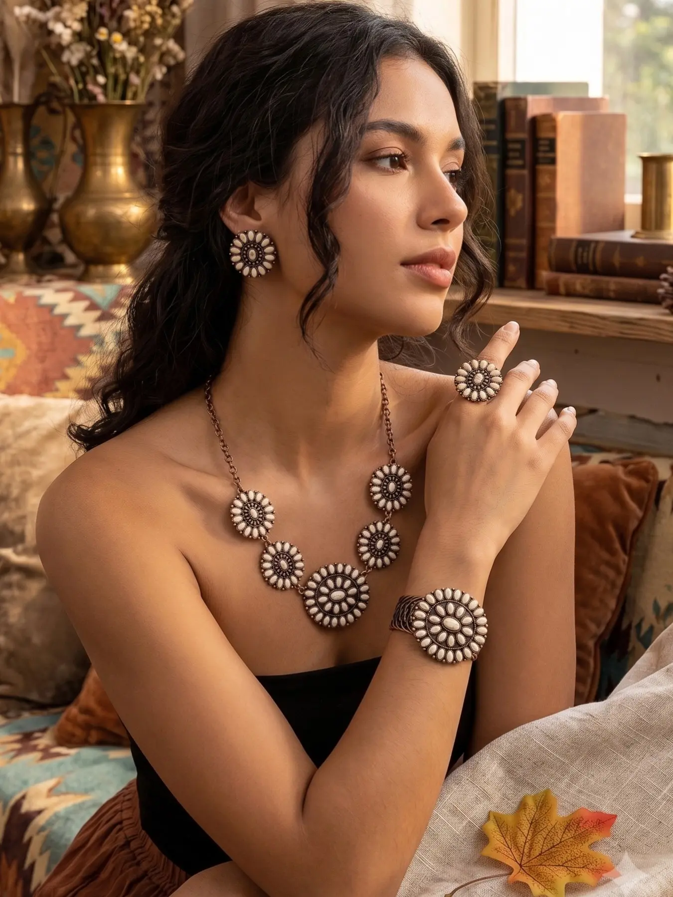 Western Concho Necklace Set for Women - 5Pcs Vintage Copper Sunflower Stud Earrings, Cuff Bracelet & Ring - Southwestern Native American Inspired Jewelry for Cowgirl Gifts