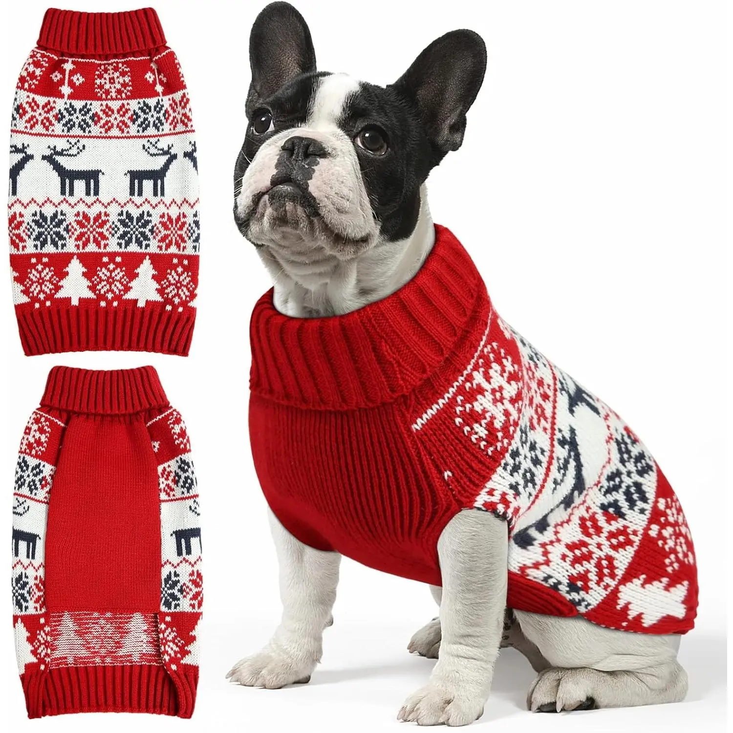 Multi-Size Double Knit Christmas Dog & Cat Sweater - Soft Fabric Holiday Wear, Turtleneck Winter Outfit for Outdoor Play, Deer Design, Size M