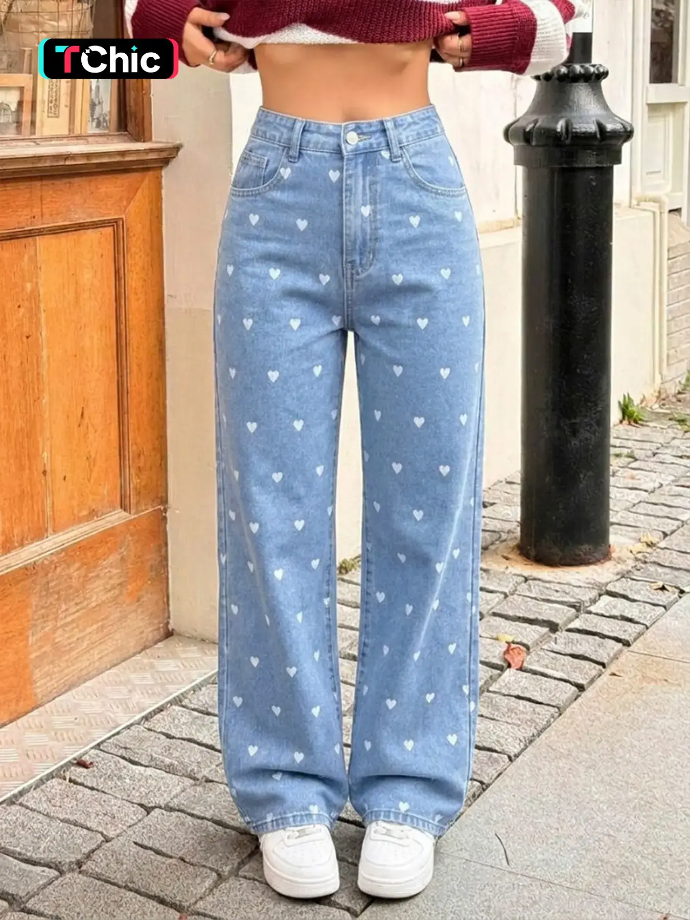 Women's Light Blue Heart Print Light Wash Denim Jean Oversized Baggy Wide-Leg Jeans, Casual High Waist Loose-Fit Trousers, All-Season Elastic Fabric, Fashionable Straight Leg Style