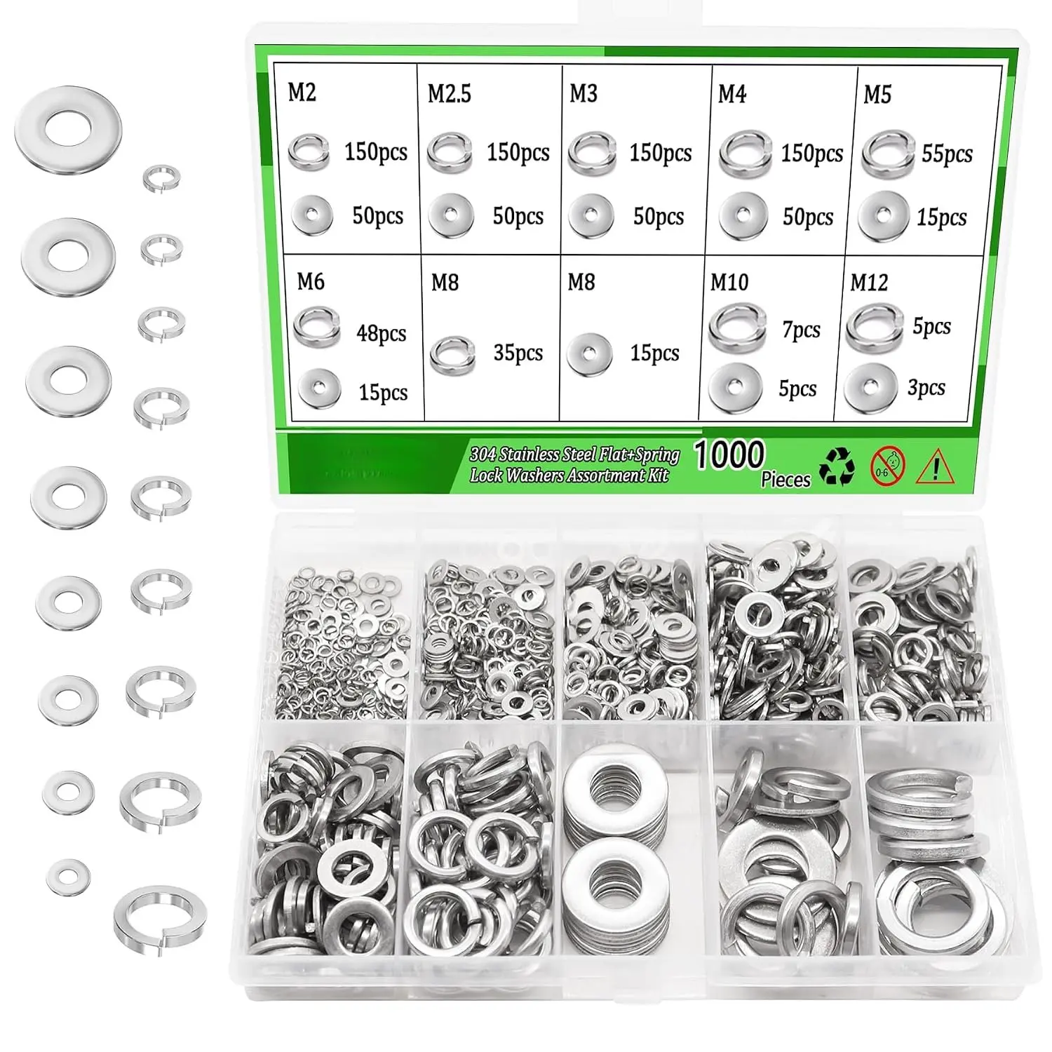 1000 count Flat Washer and Spring Lock Washers  Kit,9 Metric Sizes Washers for (M2,M2.5,M3,M4,M5,M6,M8,M10,M12),304 Stainless Steel Lock Washers & Flat Washers for Screws
