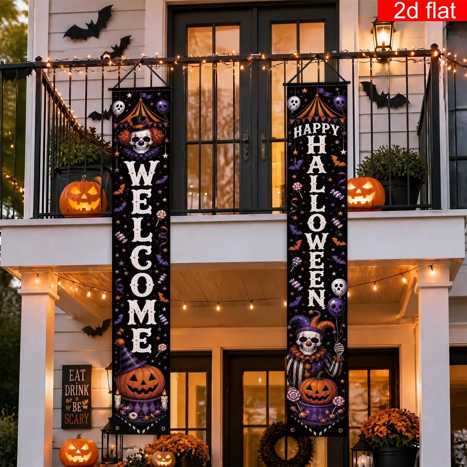 Halloween Front Porch Banner Set, 2pcs Polyester Banners, Clown Skull Joker Candy Pumpkin Bat Print, Spooky Party Decorations