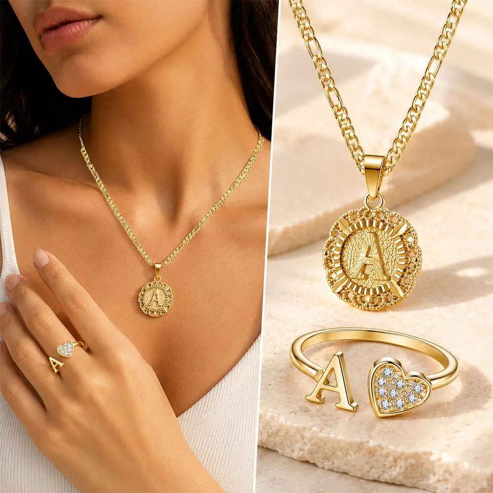 2Pcs 18K Gold Plated Necklace & Ring Set, Unisex A-Z Initial Pendant Figaro Chain Trendy Couple Necklace Personalized Adjustable Letter Rings Exquisite Shiny Cubic Zirconia Heart Non Tarnish Rings Holiday Gift Set
