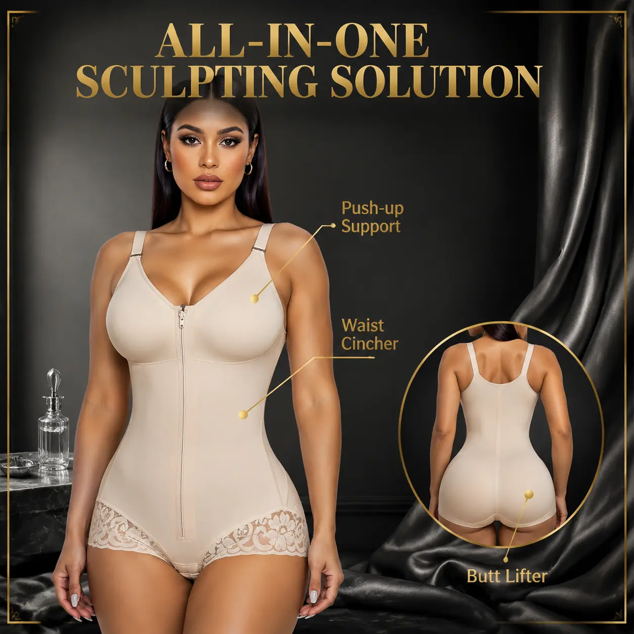 Premium Lace Trim Front Zipper Shapewear Bodysuit for Women Padded Cup Adjustable Straps High Compression Tummy Control Butt Lifter Fajas Colombianas Hourglass Body Shaper for Postpartum Wedding Daily Wear with Bra waist trainers belly