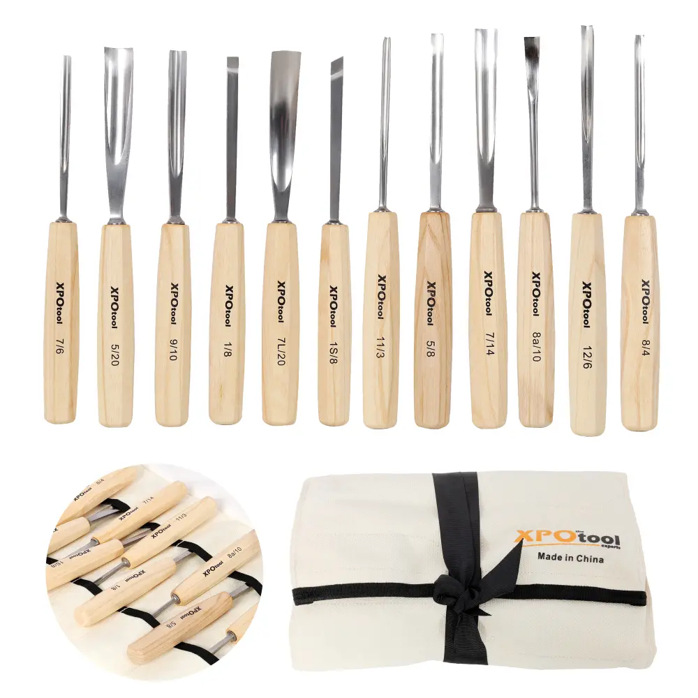 12-Piece Heavy-Duty Wood Carving Chisel Set - 60CRV Chrome Vanadium Steel Blades, Willow Wood Handles, Canvas Storage Bag, Solid Construction, Ideal for Beginners, Clay & Soapstone Carvings, DIY Creations, Lifetime Durability