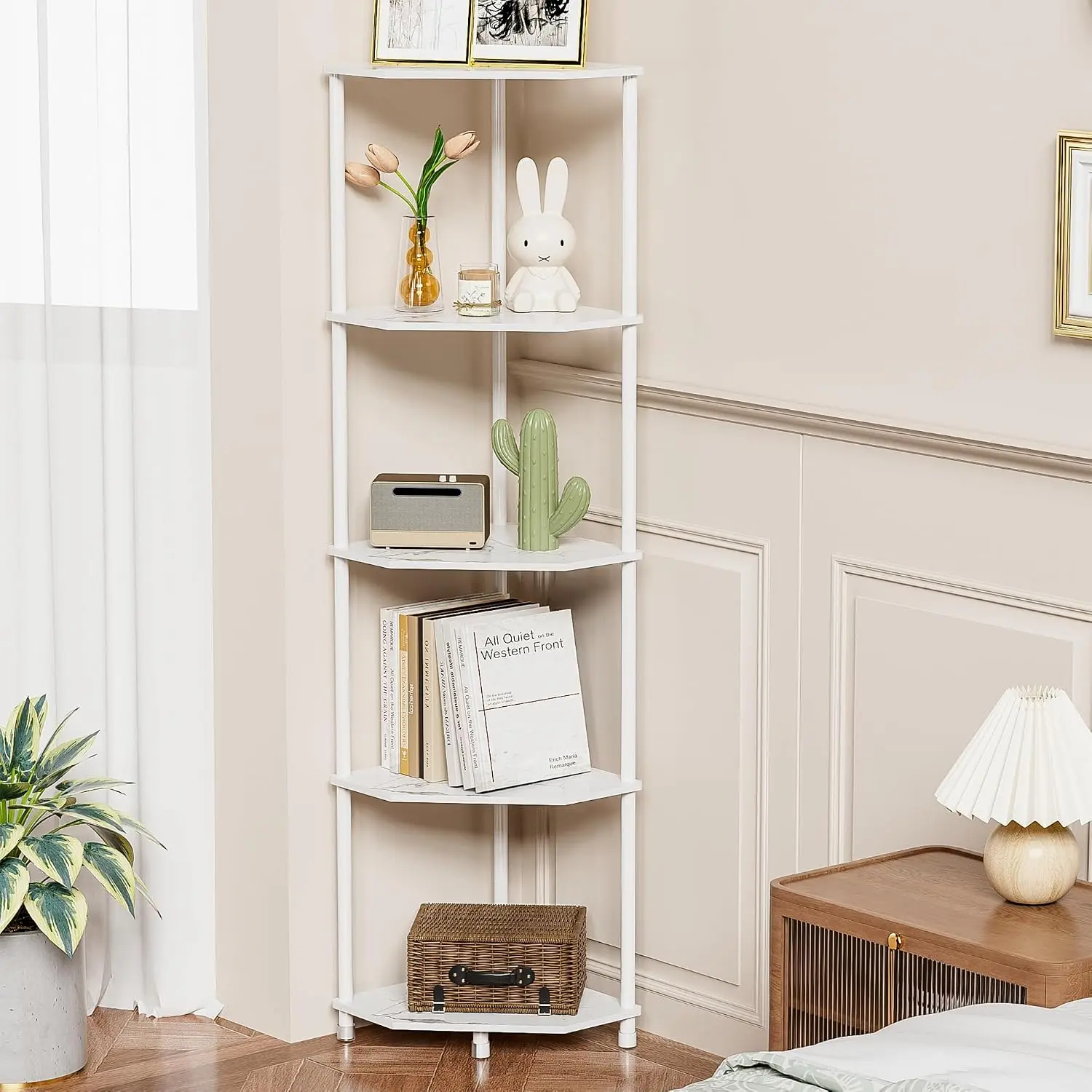 5-Tier Corner Shelf Stand Marble White 50.2" Bathroom and Kitchen Corner Shelves for Small Spaces Organization & Storage Kitchen Decor Accessories