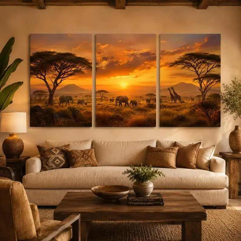 African hunting sunset canvas wall painting triptych, elephant and giraffe triptych, wildlife landscape decoration for living room