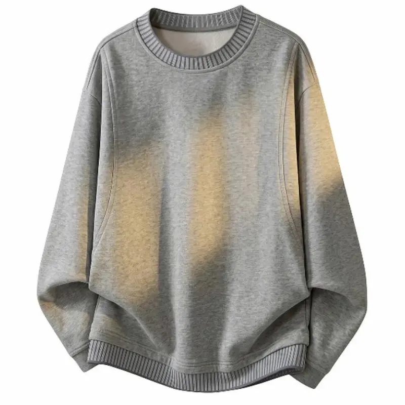 Men's Heather Gray Crew Neck Longsleeves Sweatshirt - Vertical Side Seam Details, Ribbed Collar & Hem, Hidden Side Pockets, Soft Thick Comfortable Fabric, Relaxed Oversized Fit, Versatile Casual Pullover Top for Everyday Street Style, Tops, Piece