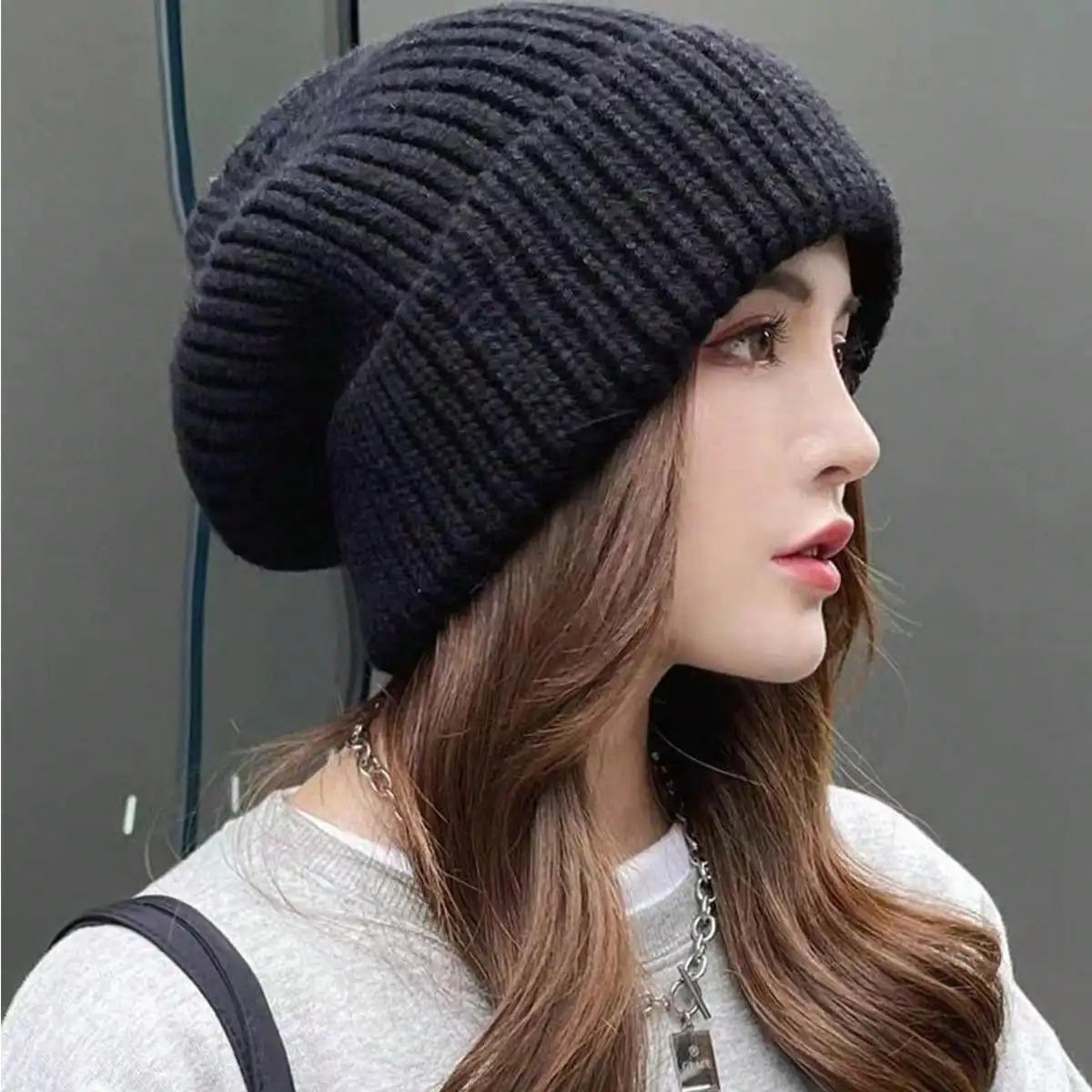 Women Style Solid Color Thick Knit Pile Hat, Knitted Hat for Fall and Winter, Warm and Ear Protection, Loose and Casual Cold Hat