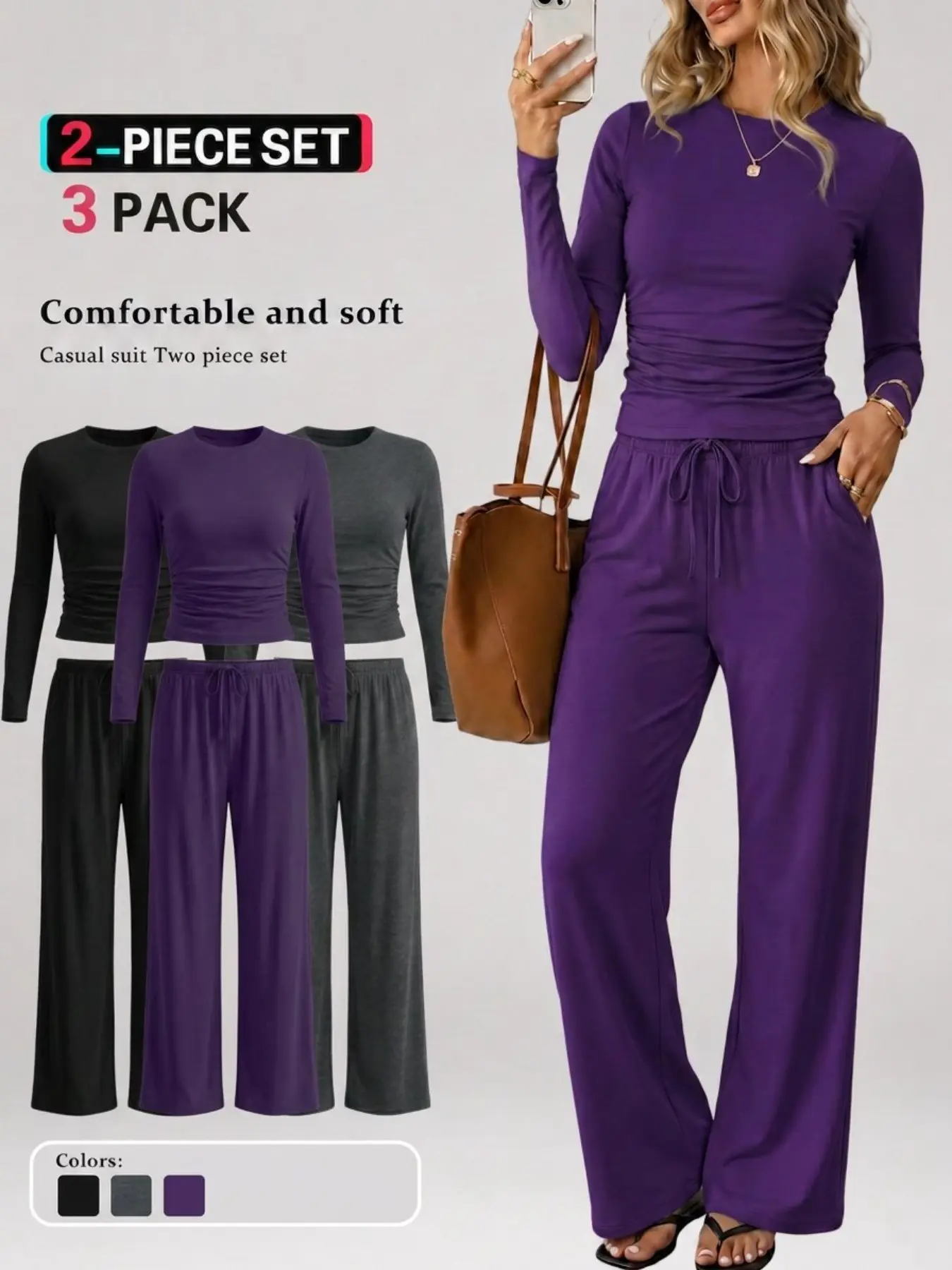 Two-Piece Set Women's Plain Crop Tee &Drawstring Waist Pants with pockets Loungewear Set, Casual Comfy Round Neck Long Sleeve Top & Trousers PJ Set, Ruched Drawstring Lounge Set，Slim Fit Homewear,Comfy Chic Women's Clothing
