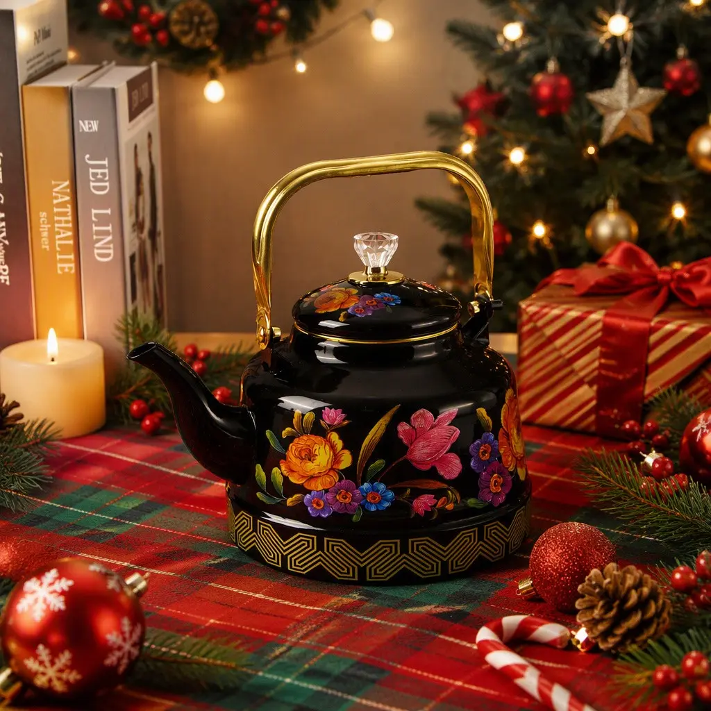 Vintage Enamel Coffee Pot, Floral Antique Clock Shape Kettle, 1.1L/1.7L/2.5L, Suitable for Stove and Electric Cooker, Home & Outdoor Decor