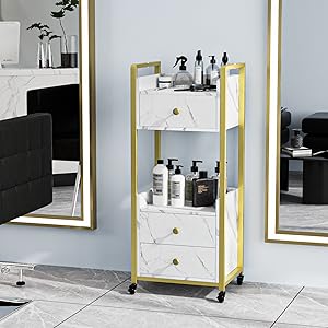 OmySalon Salon Trolley Cart with Wheels, Esthetician Cart with 3 Drawers & 2 Trays, Mobile Storage Organizer for Beauty Spa Massage Tattoo Esthetic Facial Tool Holder Station, White Marble