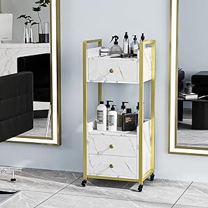 OmySalon Salon Trolley Cart with Wheels, Esthetician Cart with 3 Drawers & 2 Trays, Mobile Storage Organizer for Beauty Spa Massage Tattoo Esthetic Facial Tool Holder Station, White Marble