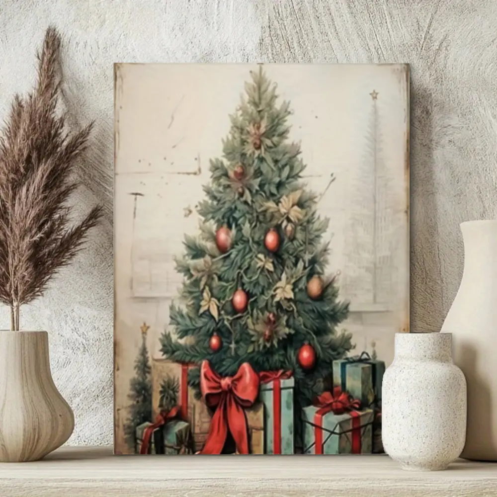 Vintage Christmas, Canvas Wall Art, Classic Tree With Red Ornaments And Gifts, High Definition Printed, Living Room Holiday Decor, 1 Piece