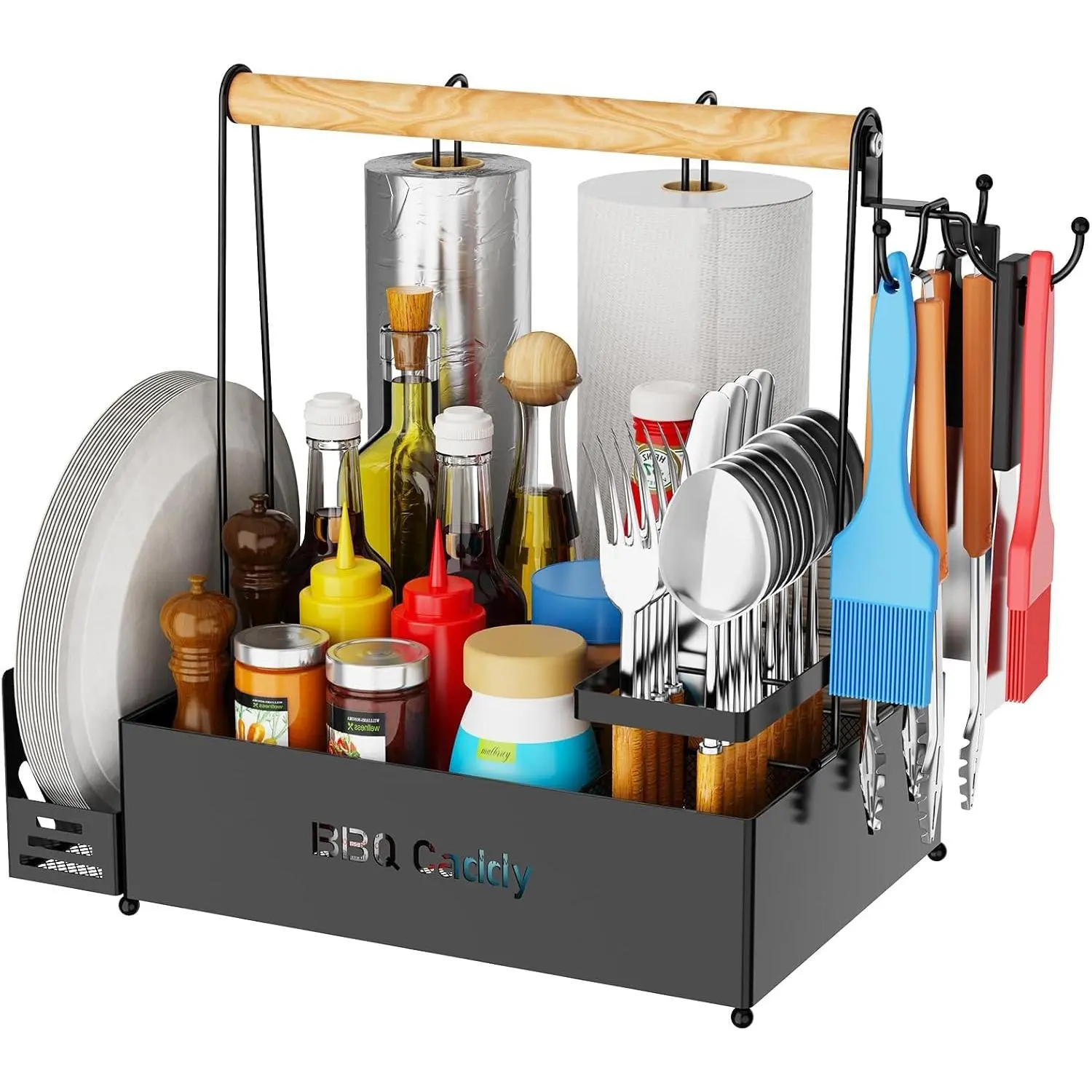 Portable Powder-Coated Steel Grill Caddy - BBQ Outdoor Storage Organizer with 2 Paper Towel Roll Holders, 3 Compartments, Condiment & Utensil Holder for Camping, Halloween, Christmas Gifts for BBQ Enthusiasts, Outdoor Cooking