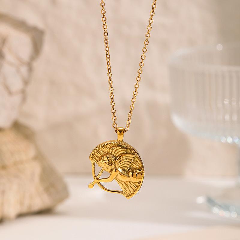 European and American embossed necklaces, niche luxury heart-shaped Cupid pendants, stainless steel sweater chains, vintage titanium steel accessories