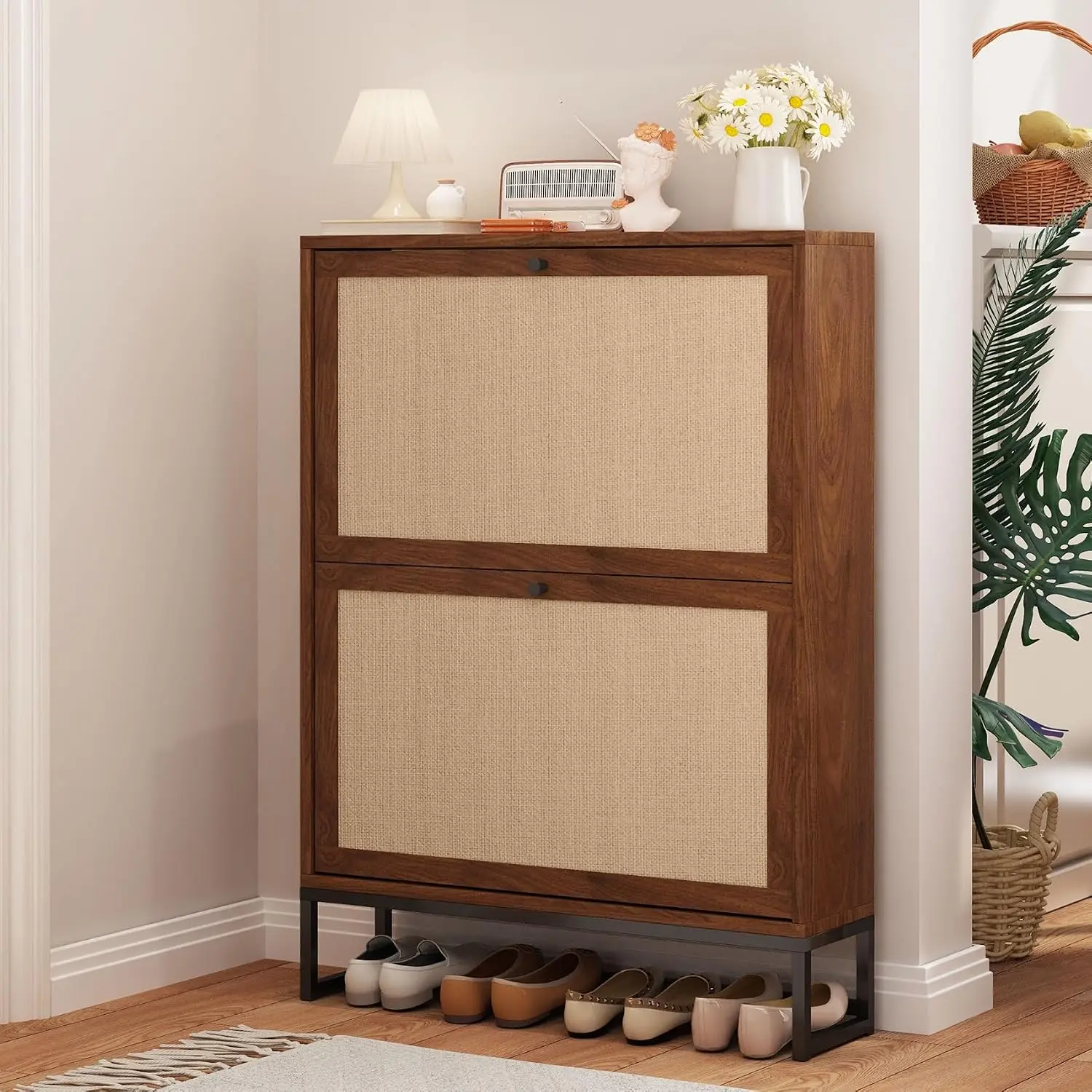 Narrow Sim Shoe Cabinet with 2 Flip Drawer, Sim Wooden Shoe Rack, Walnut | Freestanding Shoe Storage Cabinet for Entryway with  Linen Panel,  Shoe Organizer Closed Shoe Rack for Hallway