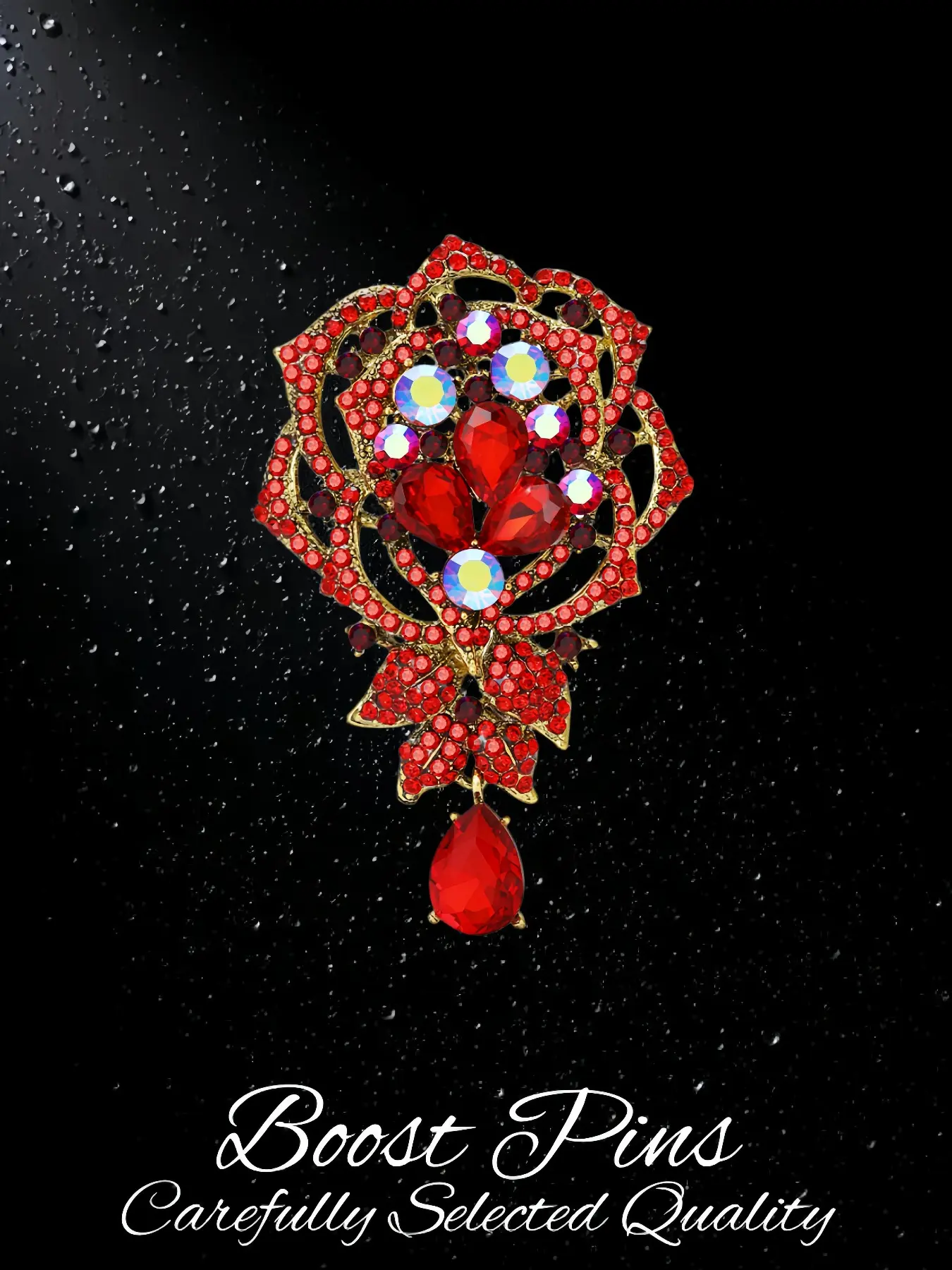 Vintage  Crystal Rose Lapel Brooch AB Rhinestone Teardrop Dangle Statement Women Accessory Floral Wedding Jewelry For Suit Scarf Coat Shawl Valentine Banquet Anniversary Birthday Holiday Gift For Her Mom Best Friend