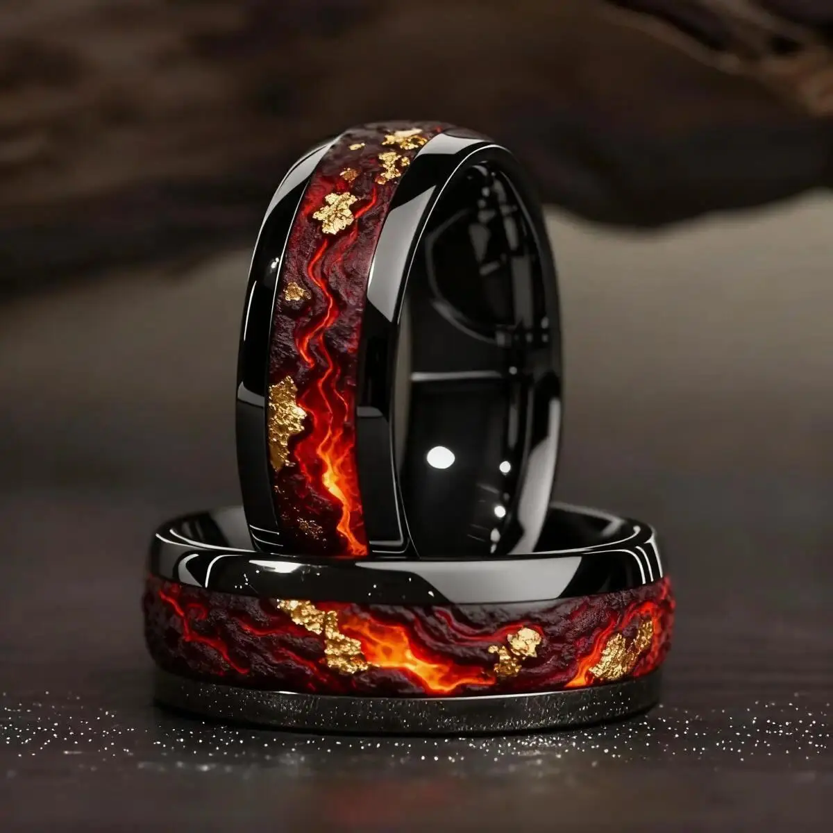 Men's Black Stainless Steel Dragon Design Ring - Volcanic Lava, Gold Foil Inlay, Vintage Punk Wedding Band, Anniversary Jewelry Accessory, Dragon Design Rings