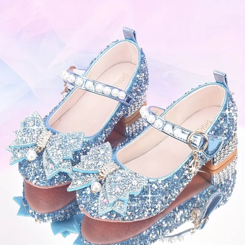 Girls' Silvery Crystal Flat Performance Shoes - Princess Look Flower Girl Dress Shoes with Buckle Closure, Crystal Accents
